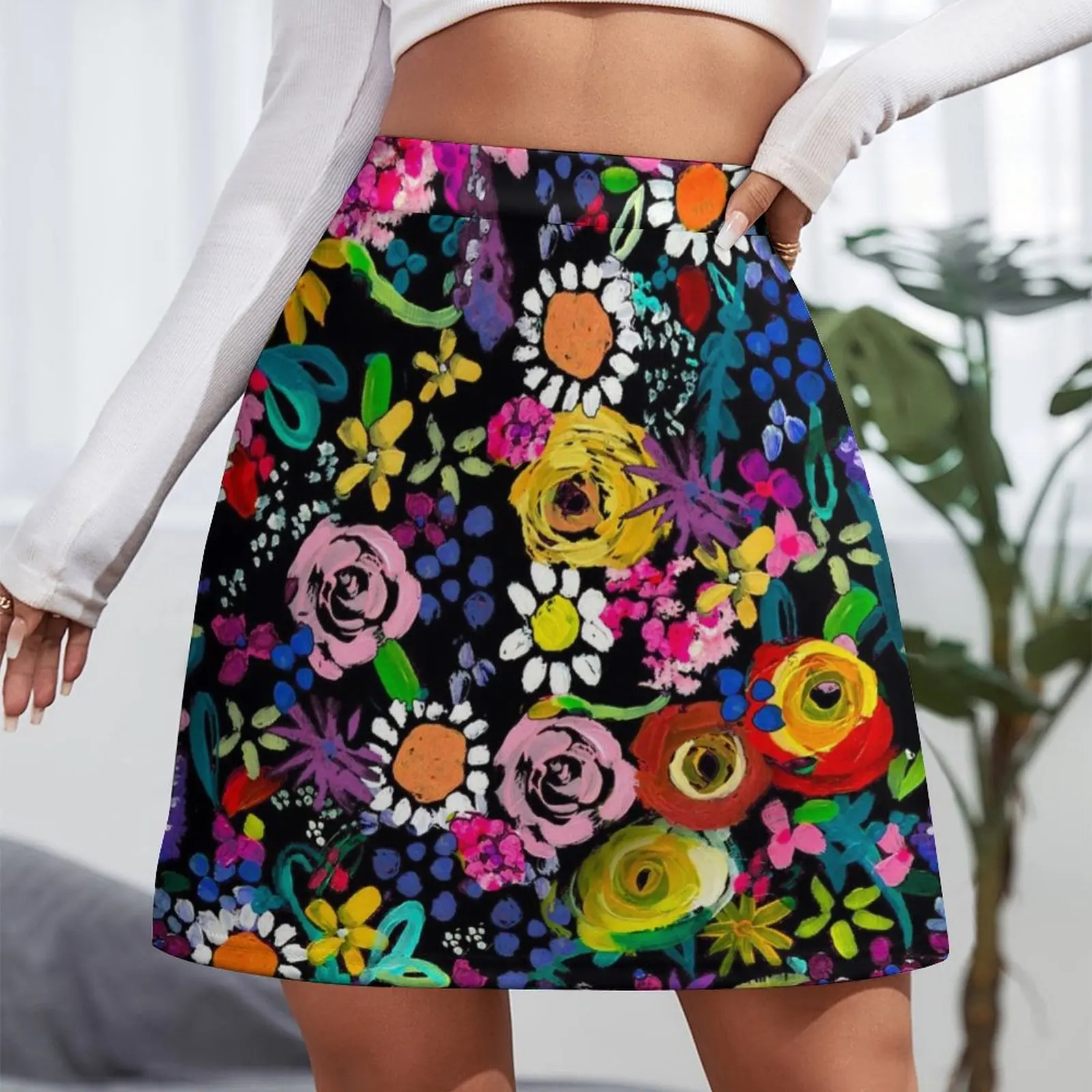 Les Fleurs Vibrant Floral Pintura Impressão Mini Saia vestido roupas para mulher Mini Saia