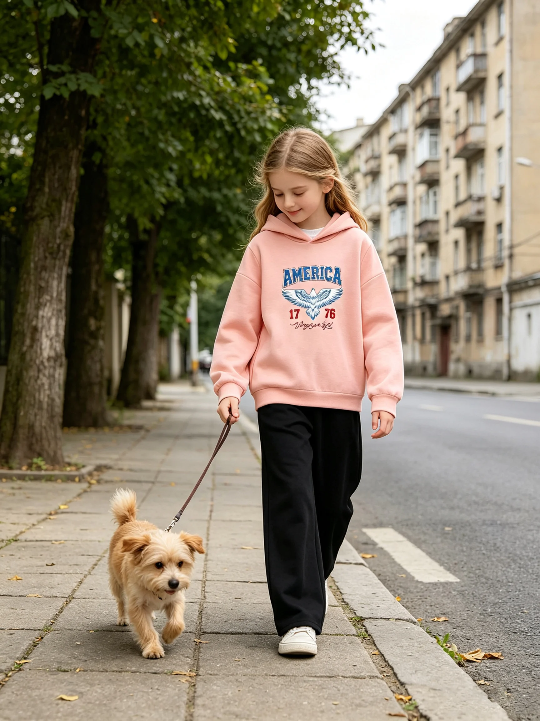 2pcs Spring Fall Teen Girls Outfit Set, Light Pink Eagle America Letter Print Hoodie + Black Straight Wide Leg Sweatpants,