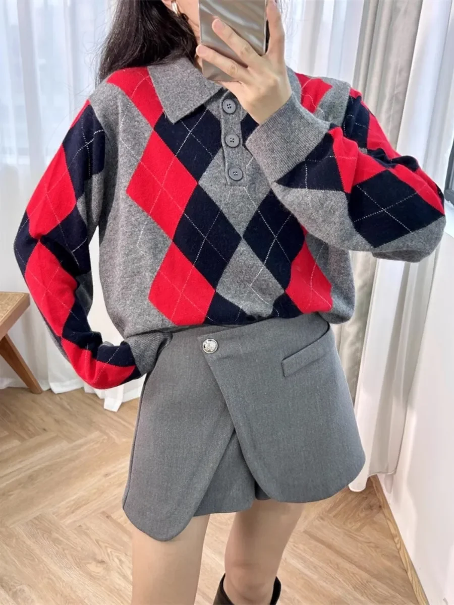 

Women Knit Sweater Turn-down Collar Color Contrast Argyle Long Sleeve Vintage Autumn Winter Pullover