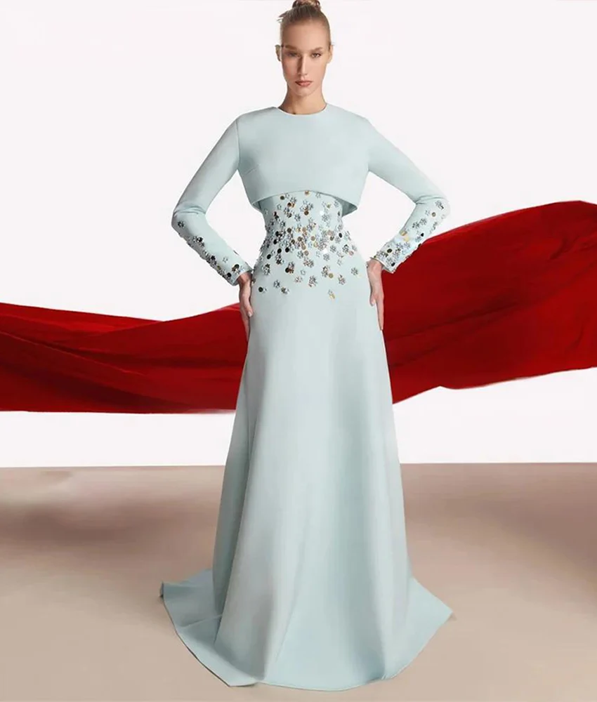 

Customized Graceful Jersey A-Line Sequined 3D Flowers Evening Dress High Quality Long Sleeves O-neck Floor Length prom dresses