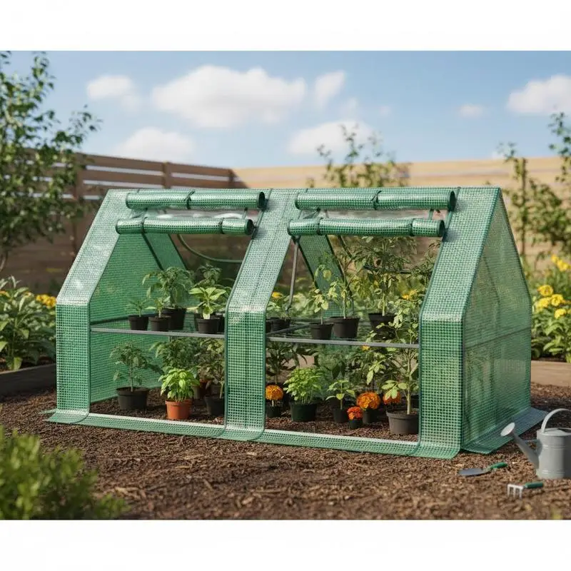 

6' x 3' x 3' Portable Greenhouse, Garden Hot House with Two PE/PVC Covers and 2 Roll Up Windows, Green