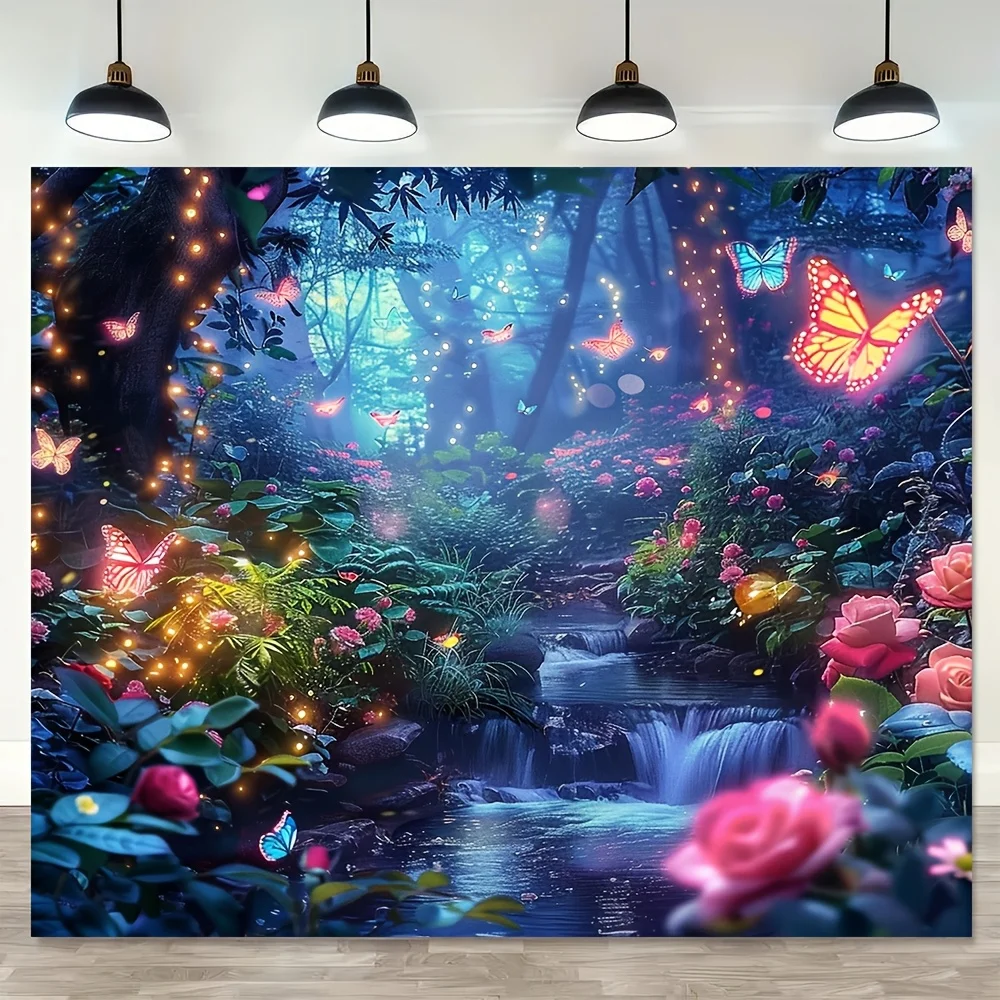 1-teilig, Festival aus Polyesterfaser von Magic Garden, riesige Schmetterlinge und Frühlingsblumen, Hintergrundstoff mit Prinzessinnenmotiv