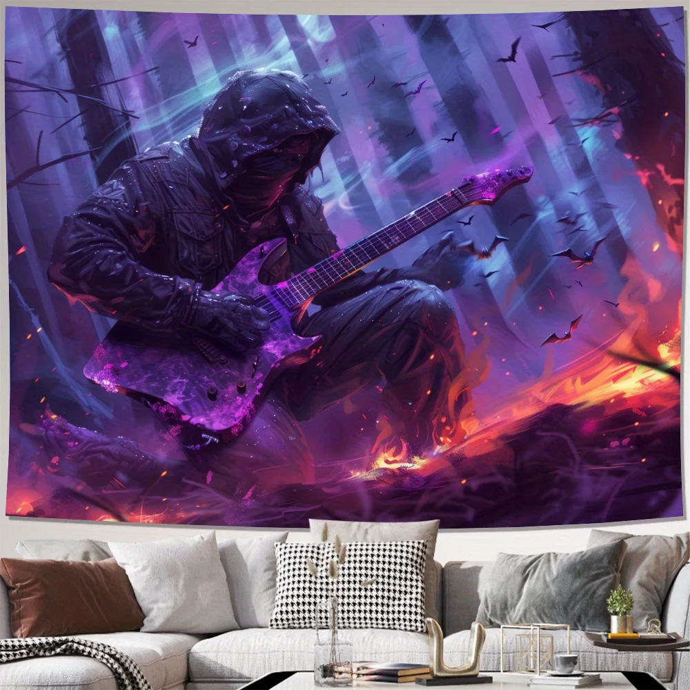 Guitarist in Cosmic Forest Tapestry 2D Digital Print Polyester Wall Hanging Living Room Bedroom Office Studio Decor with Hooks
