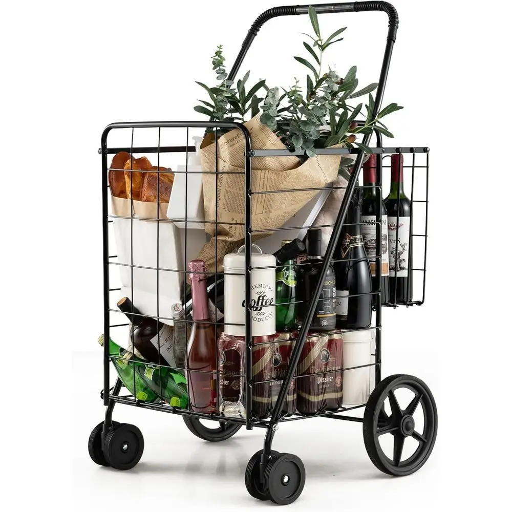 

Sturdy Double Basket Shopping Cart with Swivel Wheels for Groceries, Laundry, and Travel