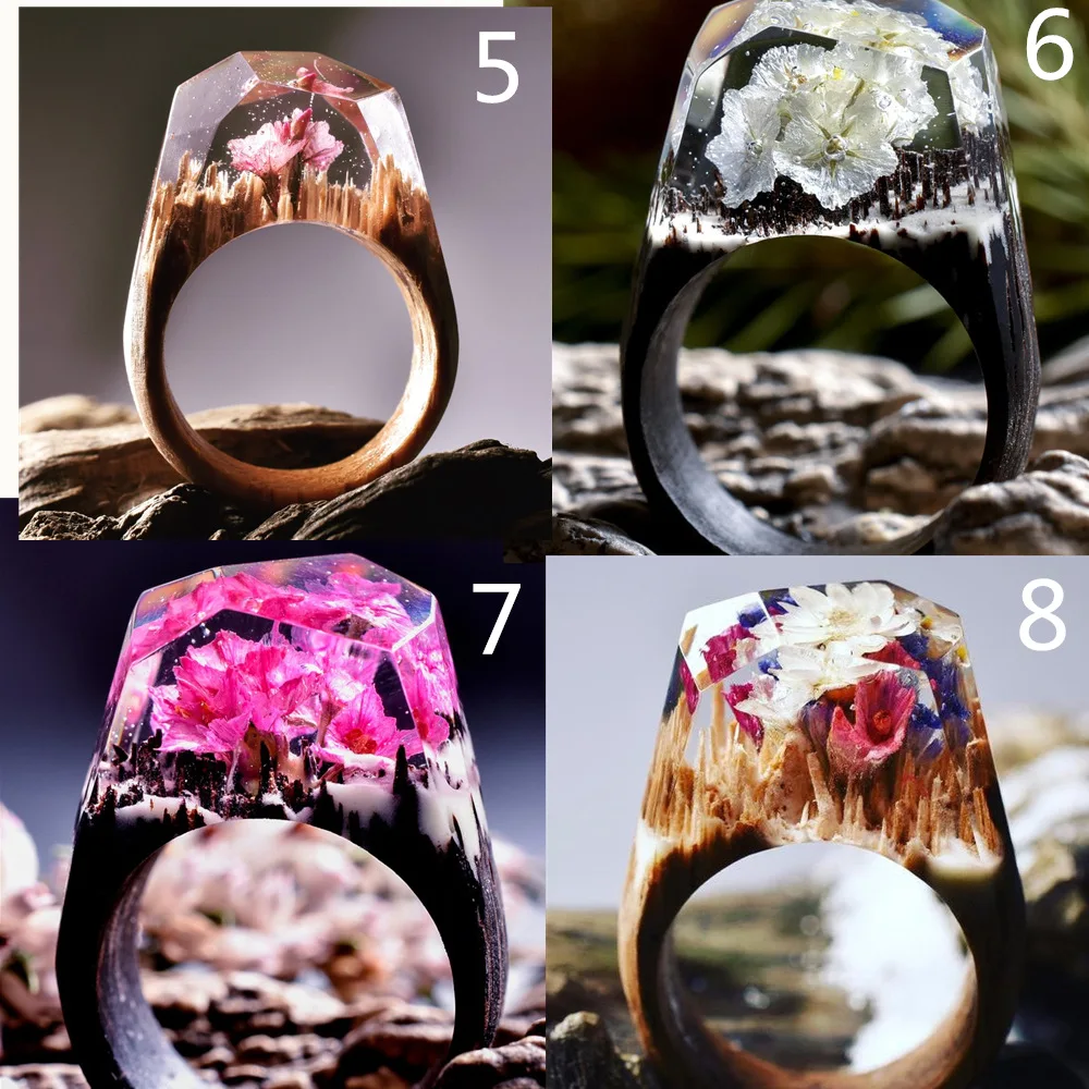 Hot Sale Trendy Cool Colourful Time Magic Forest Landscape Aurora Ring Resin Wood Wooden Rings Creative For Men Women Gift