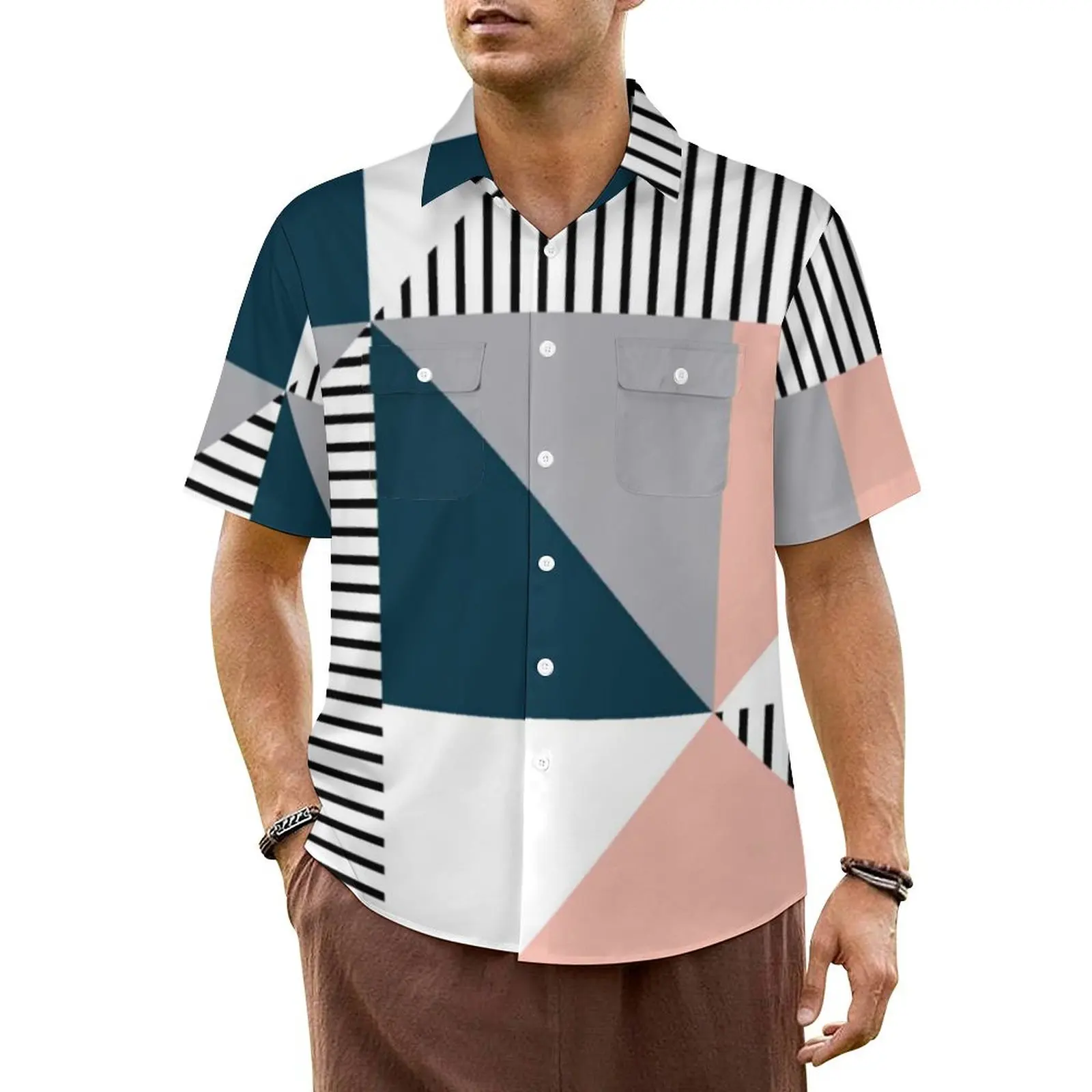 

Гавайская рубашка в скандинавском стиле для мужчин, пляжные повседневные рубашки с абстрактным геометрическим рисунком, удобные свободные блузки с коротким рукавом