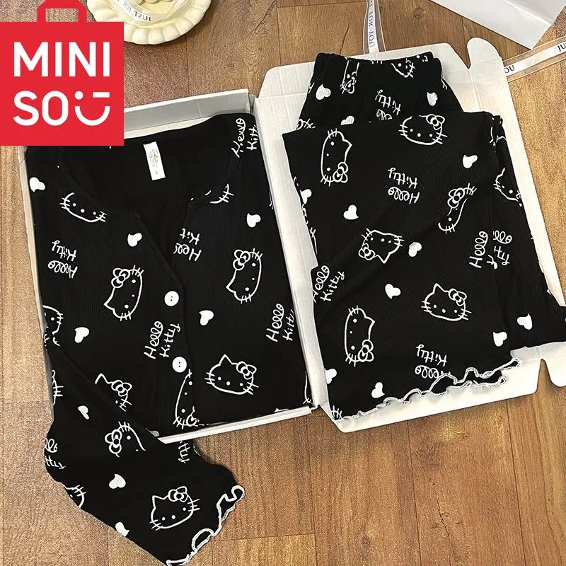 

New Women Hello Kitty Pajamas Set Long Sleeve V-Neck Cardigan and Pants Cute Cartoon Homewear Sleepwear Loungewear Spring Autumn