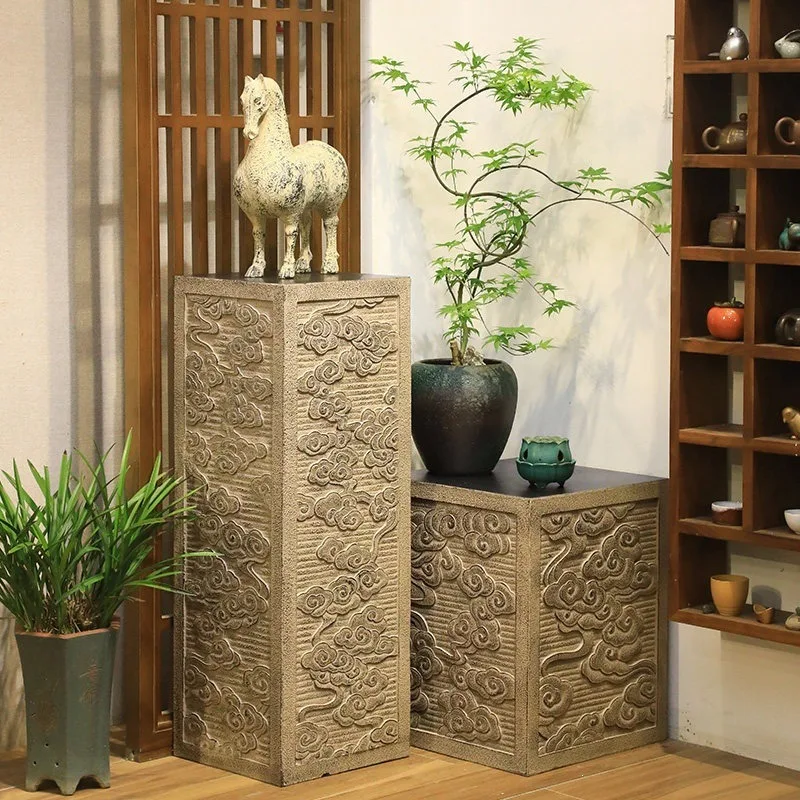 New Chinese-style auspicious cloud display column, indoor living room decoration, antique floor ornaments, courtyard garden pott