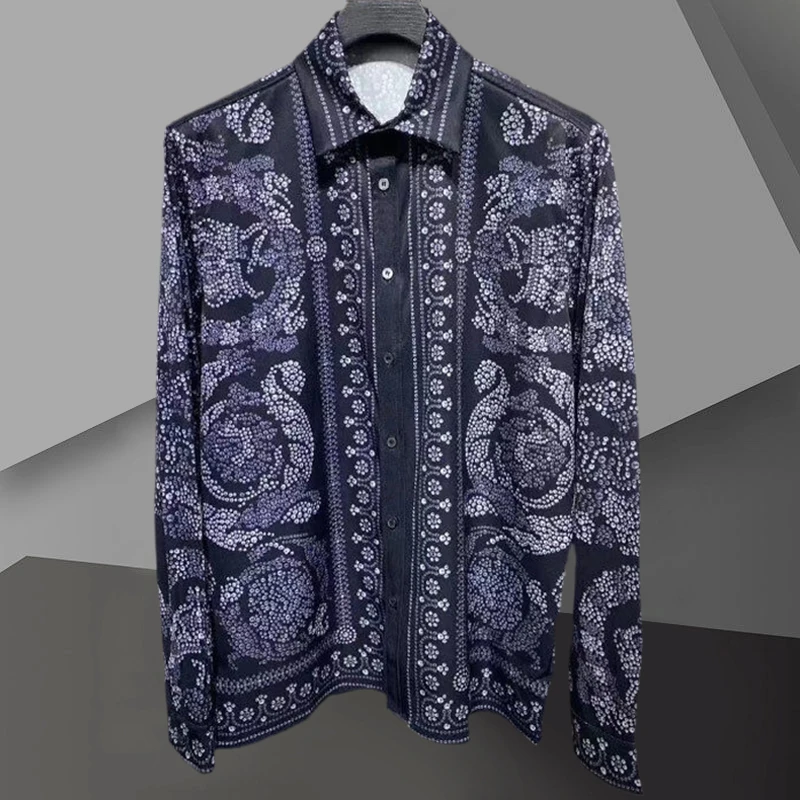 

Spring Print Long Sleeve Shirt Hawaiian Beach Shirts Men Streetwear Fashion Ethnic Retro Top European Floral Camisa Masculina