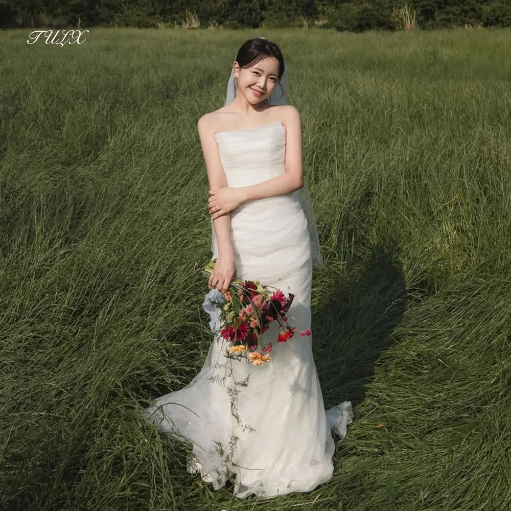 

TULX Ivory Tulle Wedding Dress Korea Photo Shoot Strapless Sleeveless Mermaid Long Bridal Gowns Corset Customized 웨딩드레스