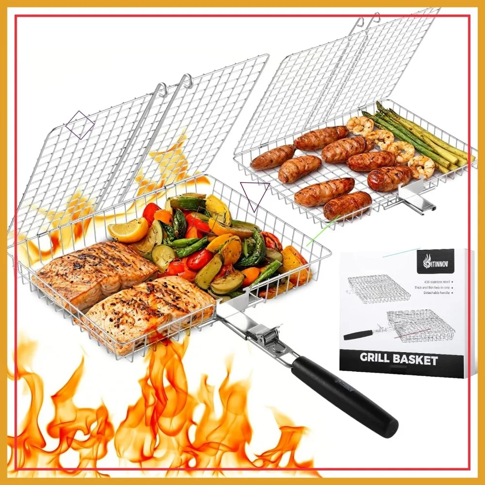 

Stainless Steel Grill Baskets Set with Removable Handle for Fish, Vegetables, Shrimp - Outdoor BBQ Cooking Tools