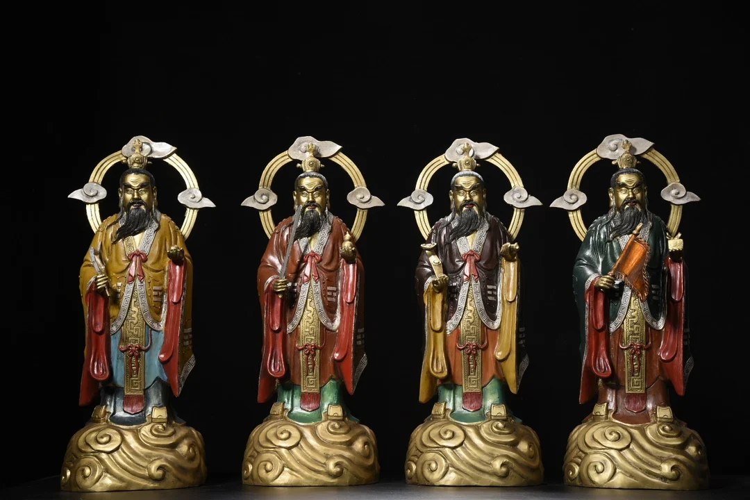 

18"Tibetan Temple Collection Old Bronze Painted The Four Heavenly Masters Taoism Ancestor Worship Hall Town house Exorcism