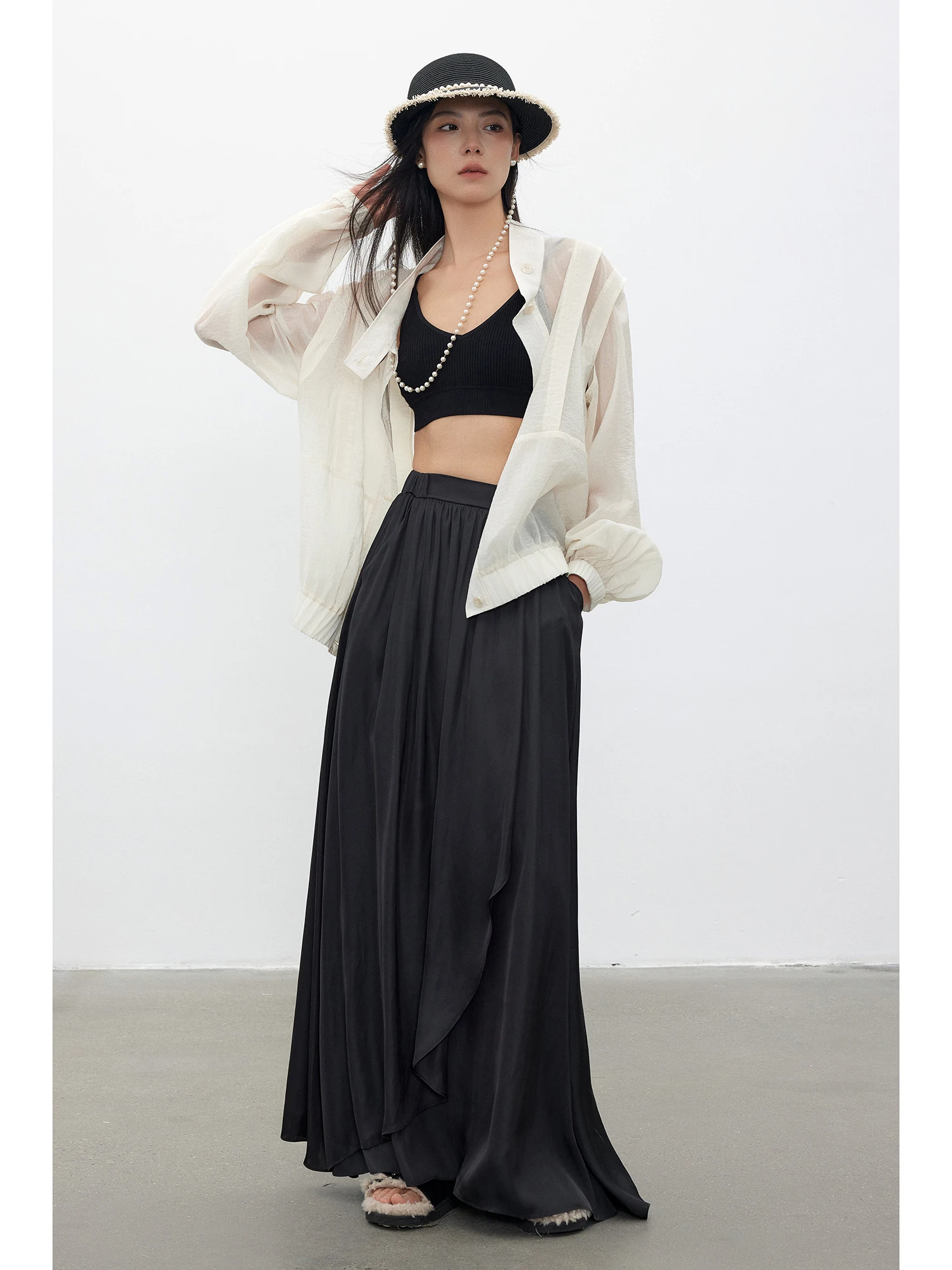 

owyee Long A-Line Skirt Elastic Waist Multi-Use Anti-Light Micro-Crease Stage Design Women's Faion Summer High Waist Skirt