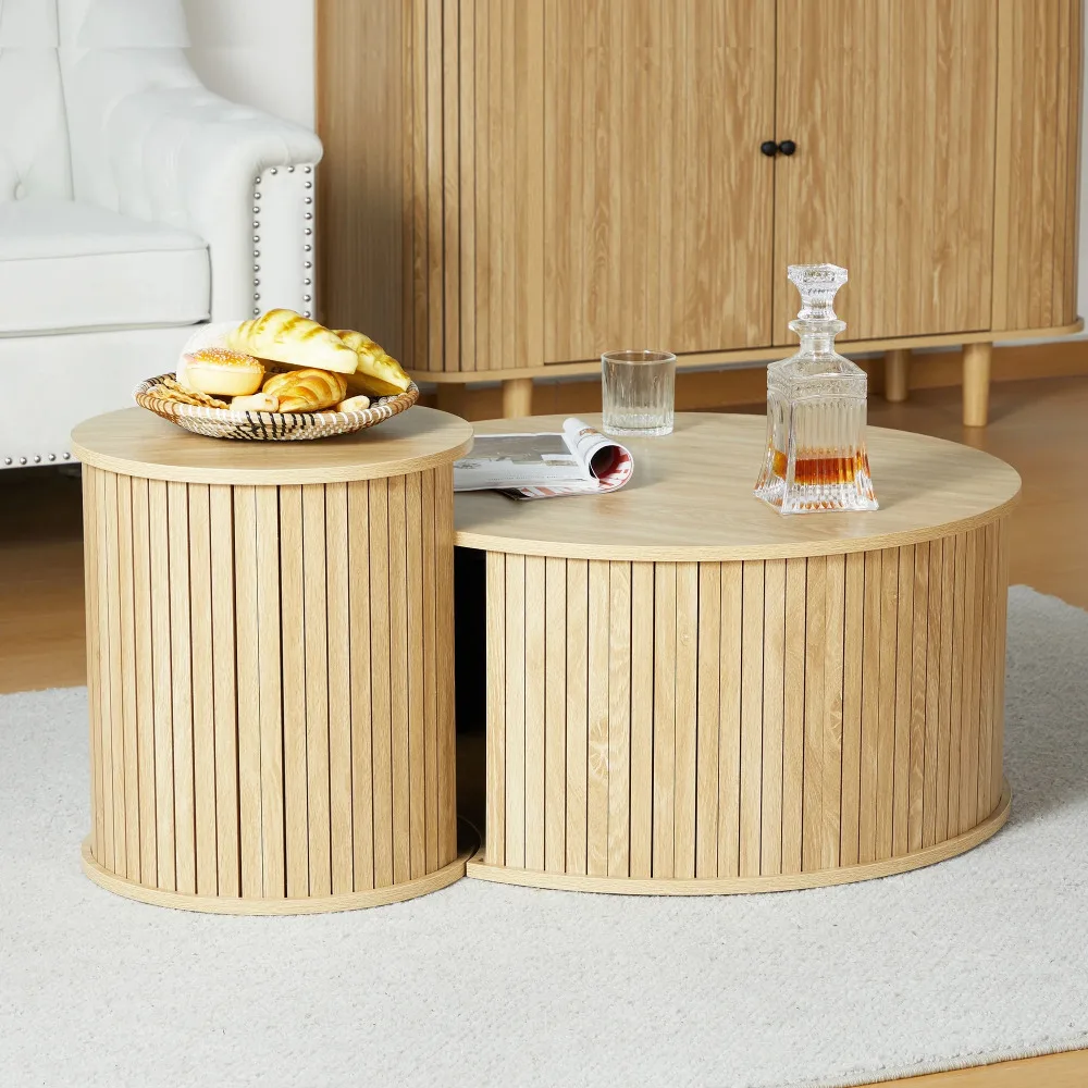 Round Coffee Table Sets 2 Pieces, Wood Fluted Coffee Table with Storage, Natural Decor Style：Modern Cleverly Designed