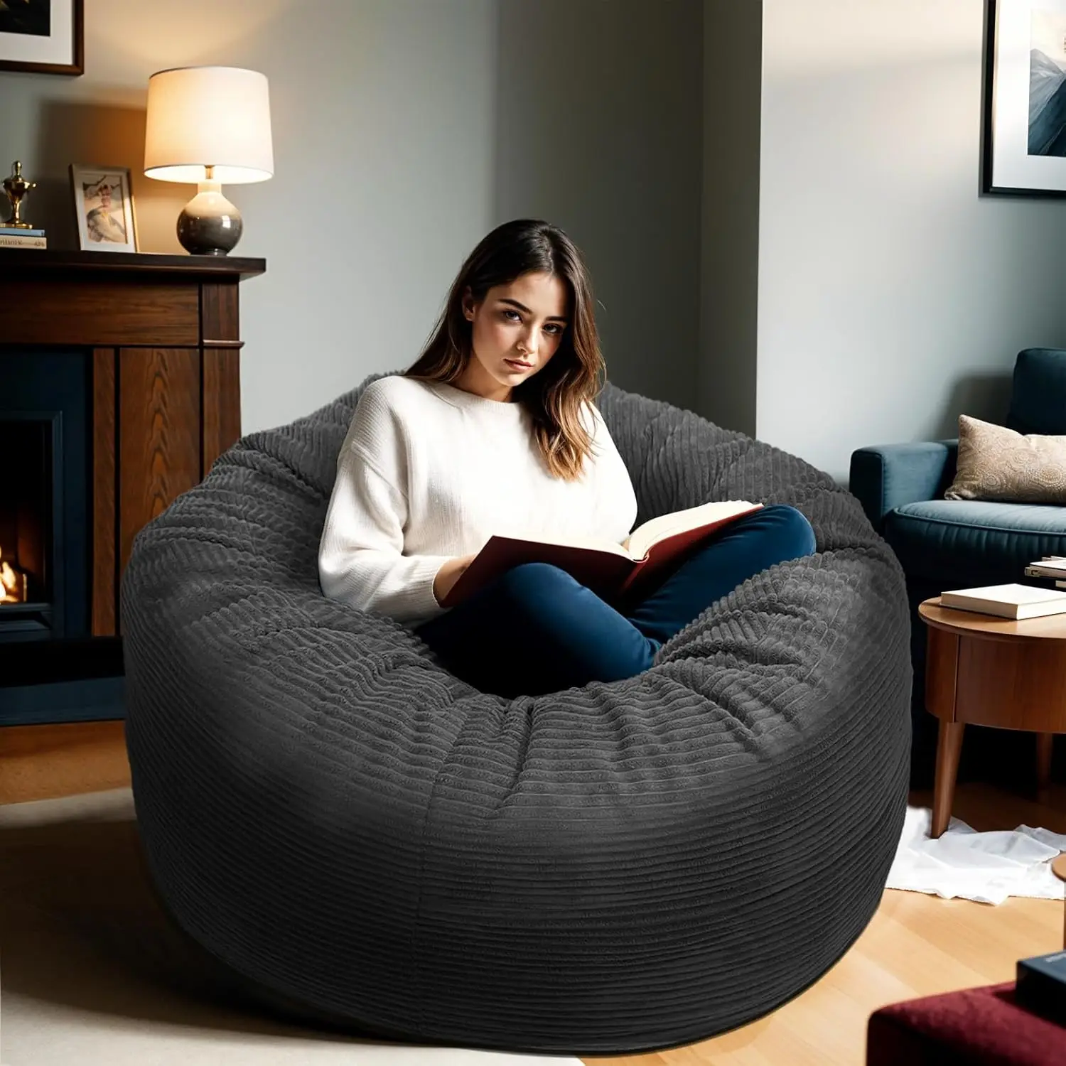 Bean Bag Chairs For Adults, 4Ft Bean Bag Chairs With Plush Microfiber Removable Cover, Giant Bean Bag Chairs With Memory Foam