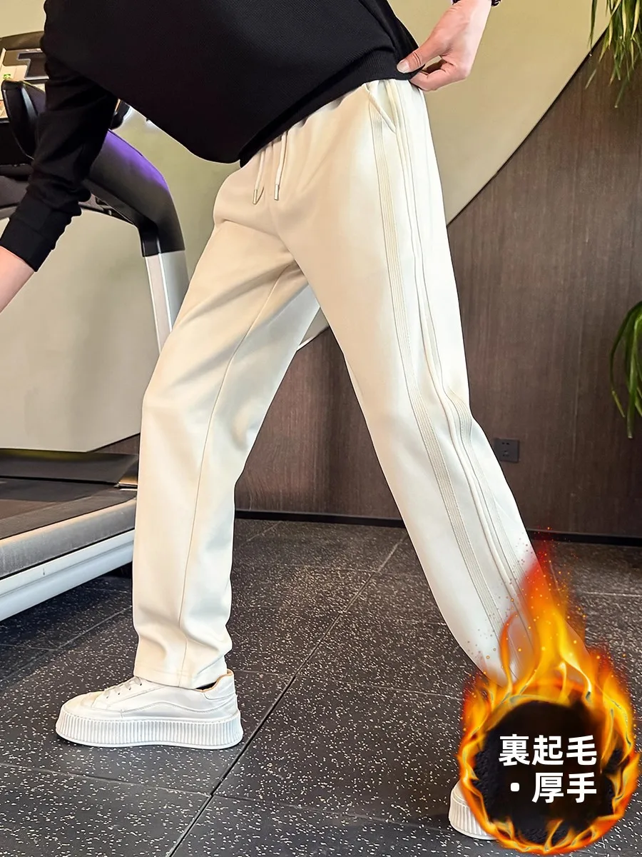 

Мужские повседневные брюки на флисовой подкладке, осенне-зимние, модные, брендовые, с дизайнерскими вставками, свободные спортивные штаны, прямые брюки