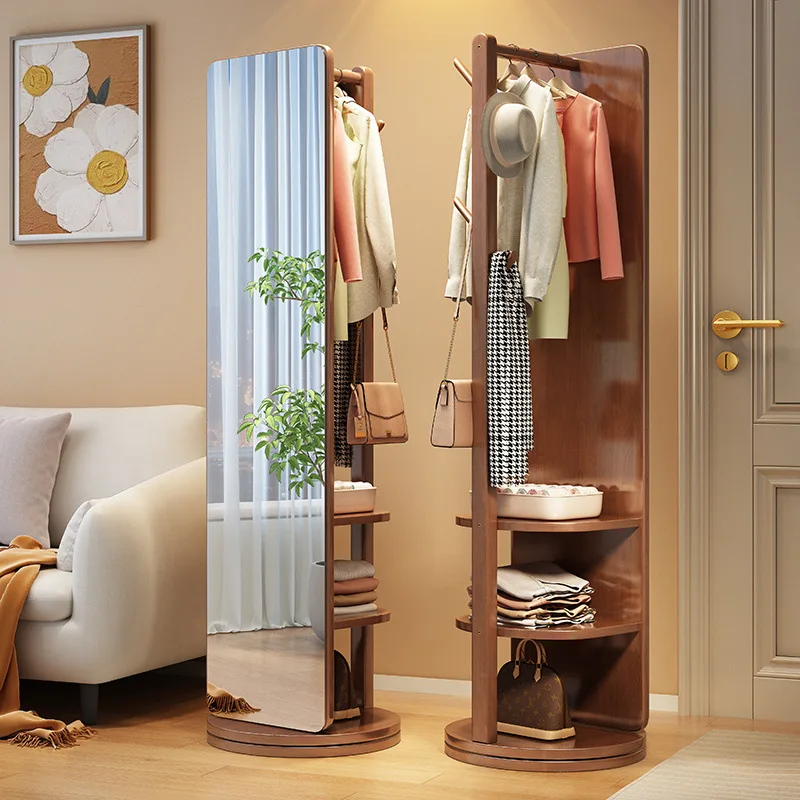 

Solid wood full-length mirror household rotatable floor mirror bedroom integrated full-body mirror simple clothes storage rack
