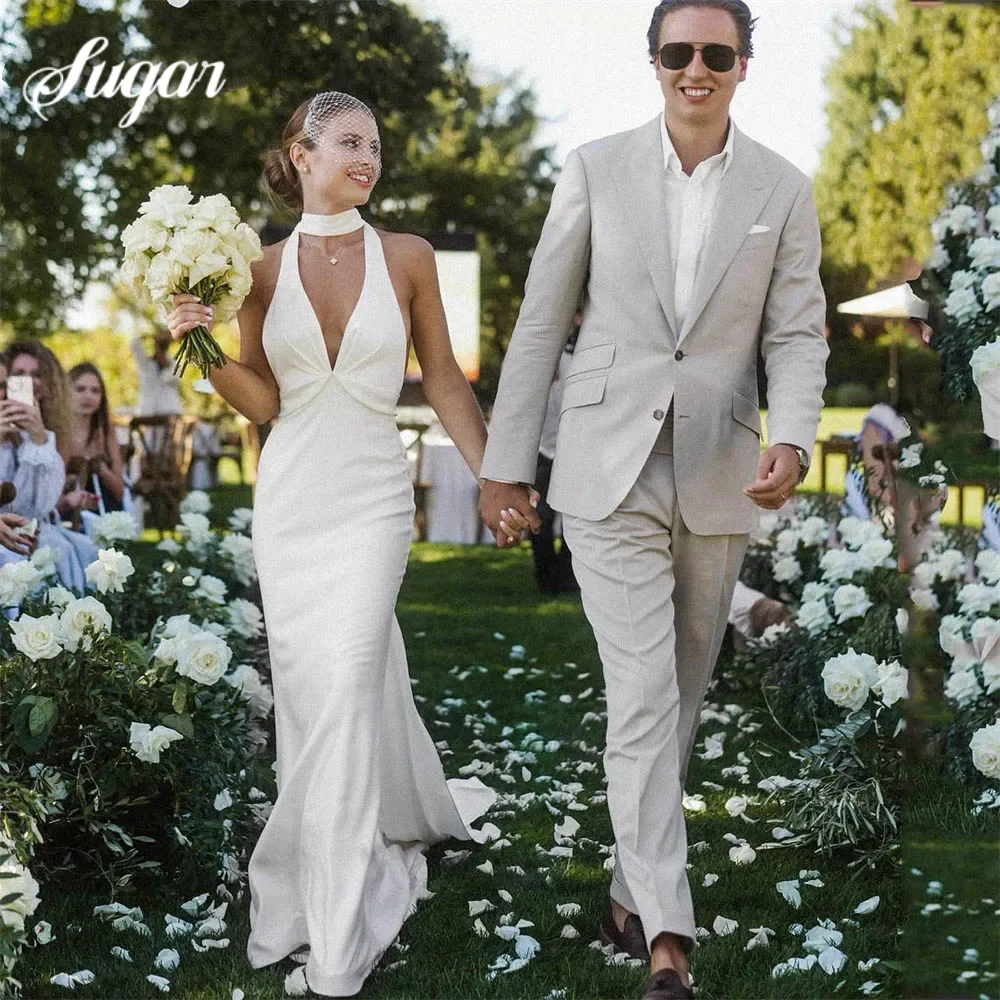 

Customized White V-Neck Halter Mermaid Crepe Wedding Dress For Women 2025 Boheimian Sexy Backless Sweep Train Bridal Gown