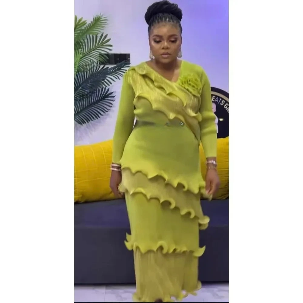 مياكي فستان مطوي ملابس الخريف النسائية 2025 موضة جديدة ثلاثية الأبعاد زهرة حزام الخصر الفطريات حافة تنورة طويلة #5