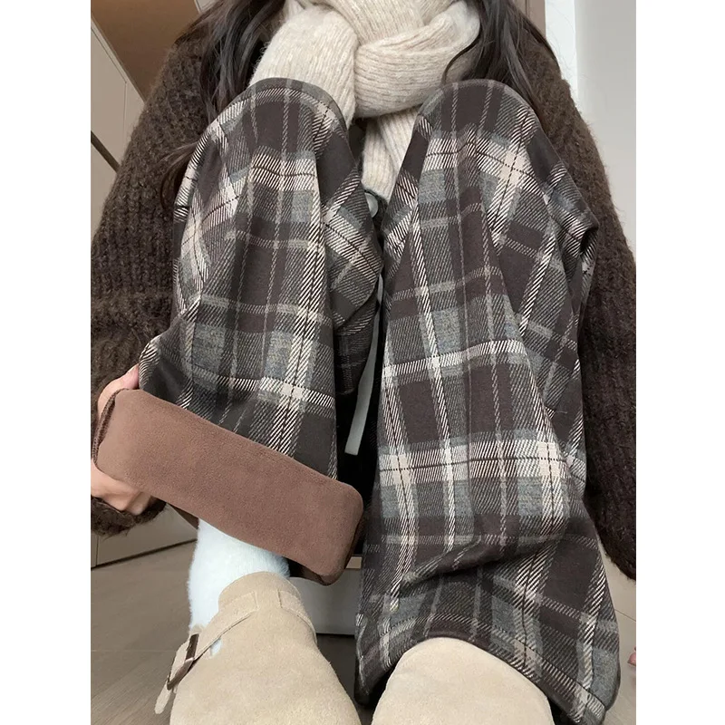 

Aoli Бархатные клетчатые брюки для женщин, осенние и зимние новые утолщенные узкие прямые брюки, винтажные шерстяные брюки на флисовой подкладке W