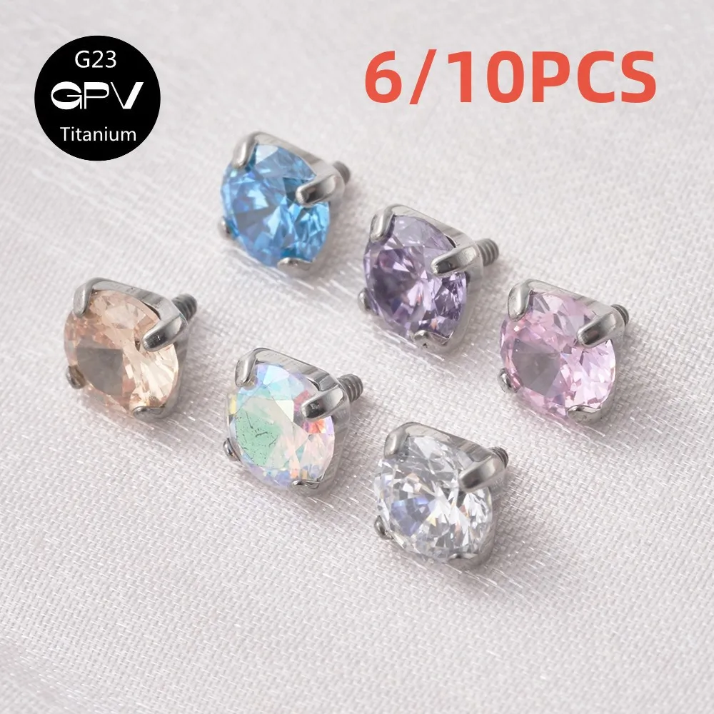 

6/10PCS G23 F136 Puncture Jewelry Accessories Four Claw Zircon Lip Nail Nose Nail Ear Cartilage Nail Head Fit 16G Base Rod