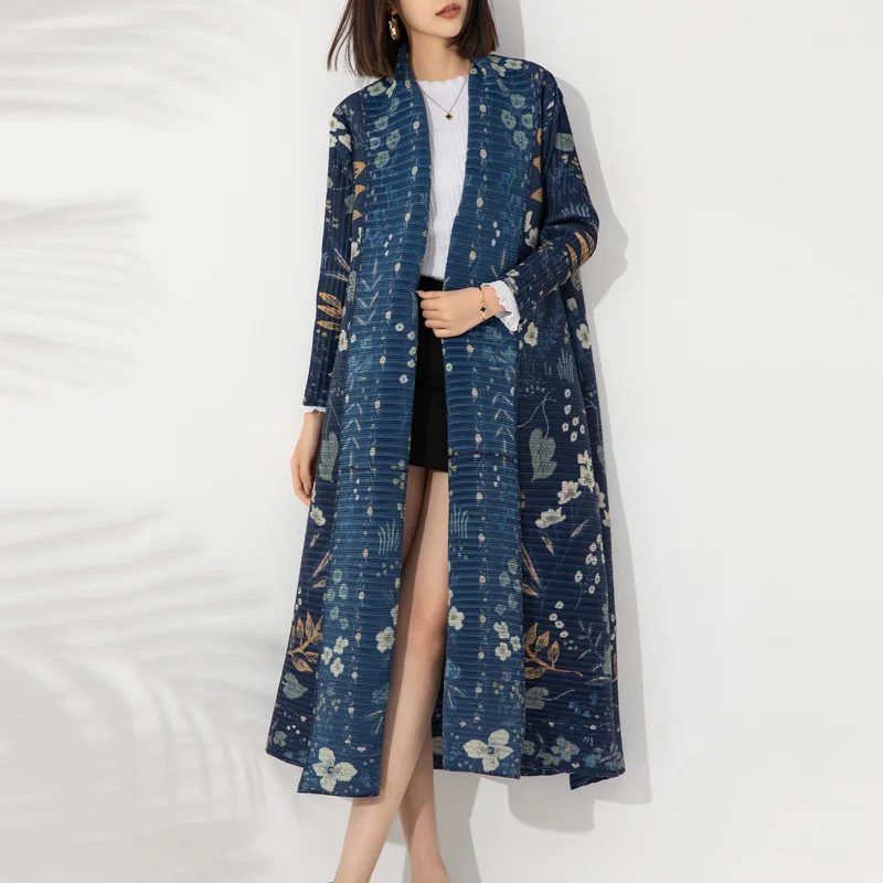 Miyake Pleated Turndown Collar Vintage Printed Long Sleeve Dress Women 2024 New Original Designer Abaya Fashion Classical Coats