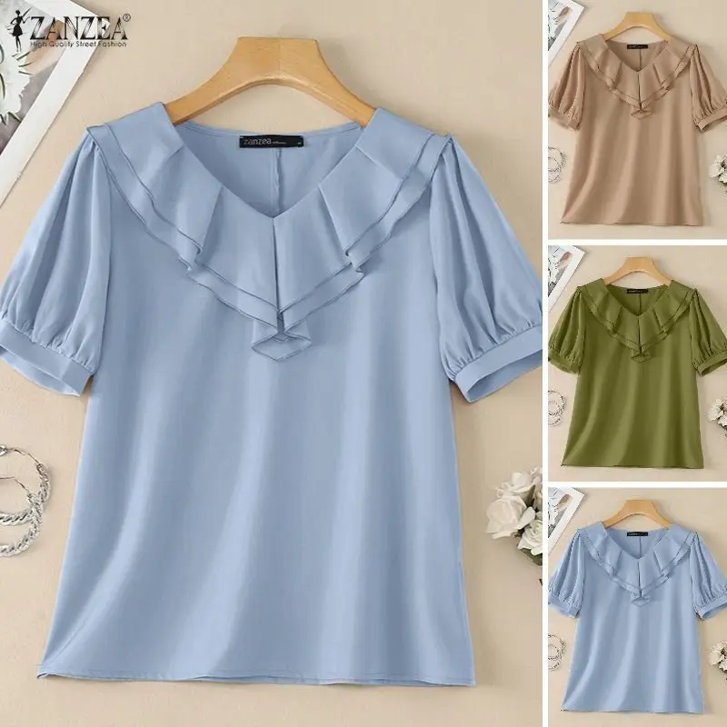 

2026 Summer Blouse ZANZEA Stylish Women V Neck Short Sleeve Ruffled Tops Elegant Solid OL Work Shirt Female Holiday Tunic Mujer