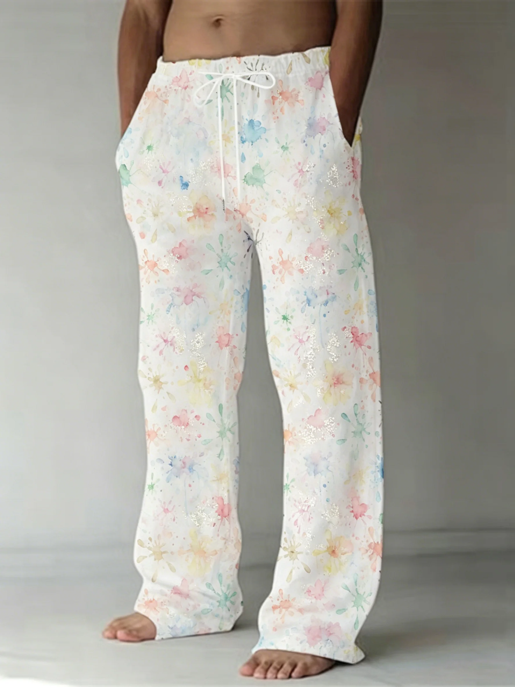 

Men's Spring Summer Pastel Watercolor Splash Floral Speckle Print Drawstring Pants, Soft Casual Trousers for Beach Daily Outfit