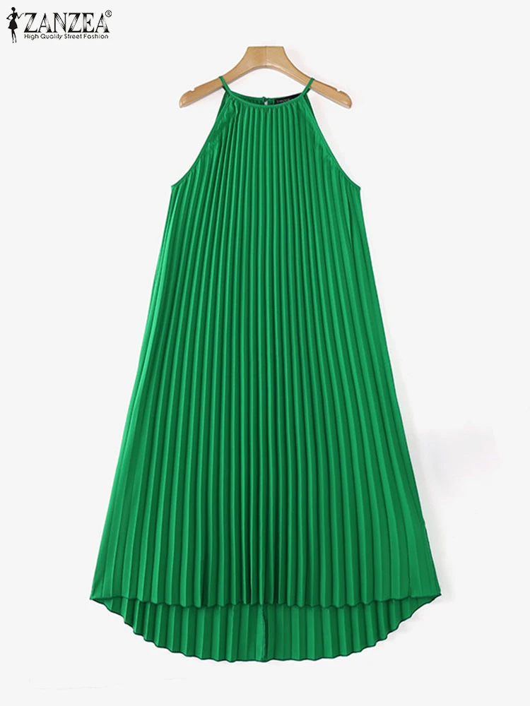 ZANZEA 2025 Vestidos plisados de verano, vestido largo liso sexi, batas sin mangas con tirantes a la moda, Vestidos largos Vintage con dobladillo Irregular