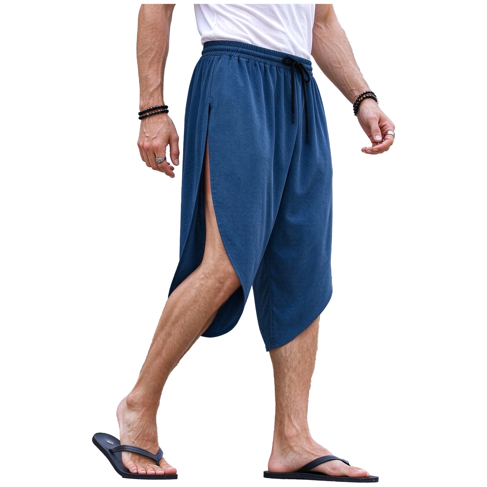Mens Half Length Pants Asymmetrical Sides Split Shorts Drawstring Elastic Waistband Shorts Trousers for Home Workout Daily Use