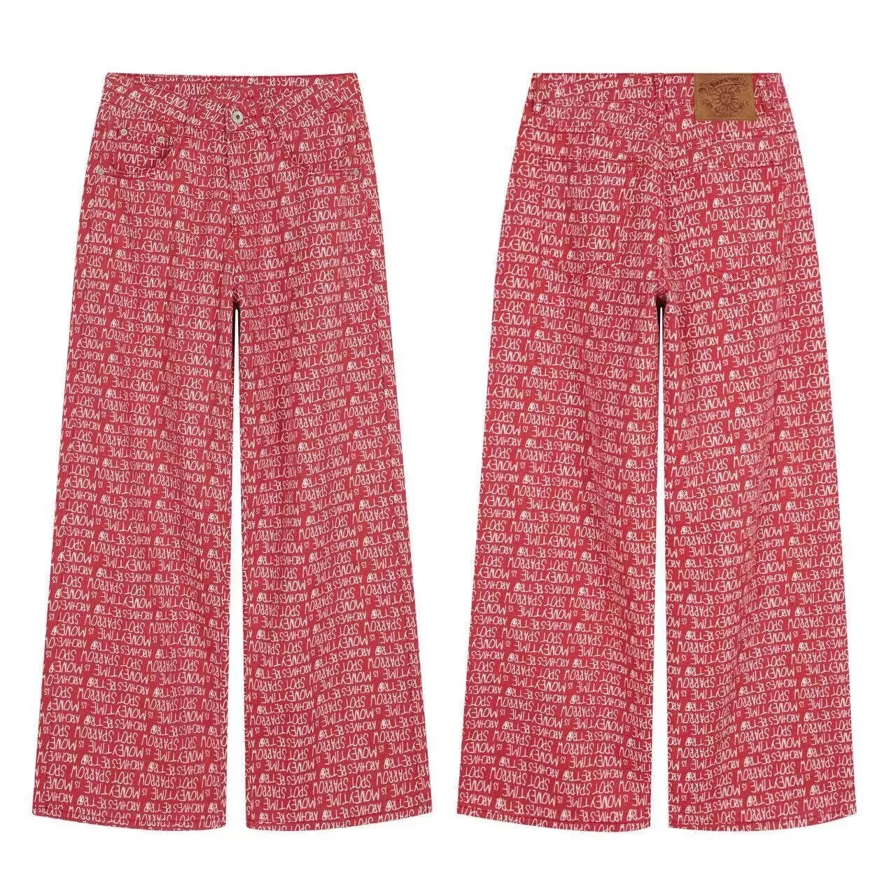 Calças Jeans Unissex de Estilo Street com Estampa de Letras e Dinheiro, Corte Largo, Casual e Versátil, para Homens e Mulheres