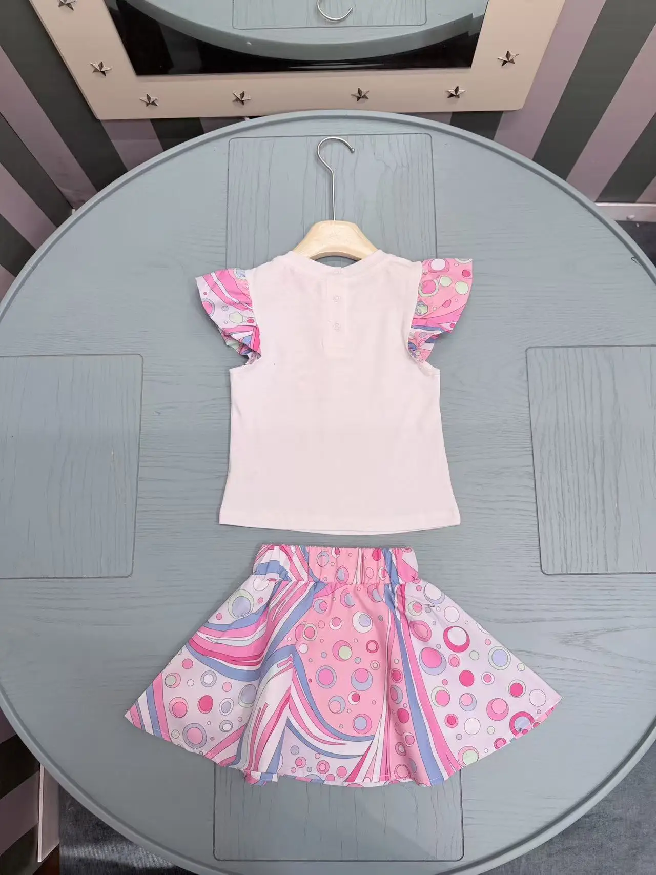 Girls' summer lotus leaf sleeves two-piece abstract polka dot printed short sleeved top+half skirt baby girl clothing