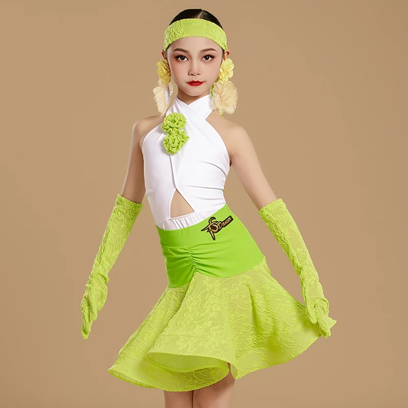 

2025 Latin Dance Costume Girls Competition Clothing White Tops Green Lace Skirt Gloves Performance Suit Women Latin Dress V23020