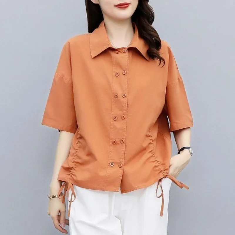 2023 Summer New Short Sleeve Fashion Cotton Shirt for Women Loose Lapel Pleated Casual Blouse Solid Color Button Vintage Tops