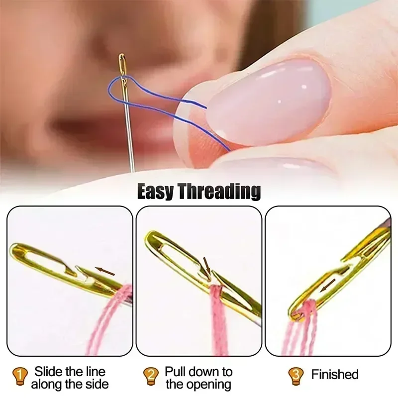 12/120Pcs Big Side Hole Blind Sewing Needles Stainless Steel Self-Threading Elderly Needle DIY Embroidery with Wooden Case Set