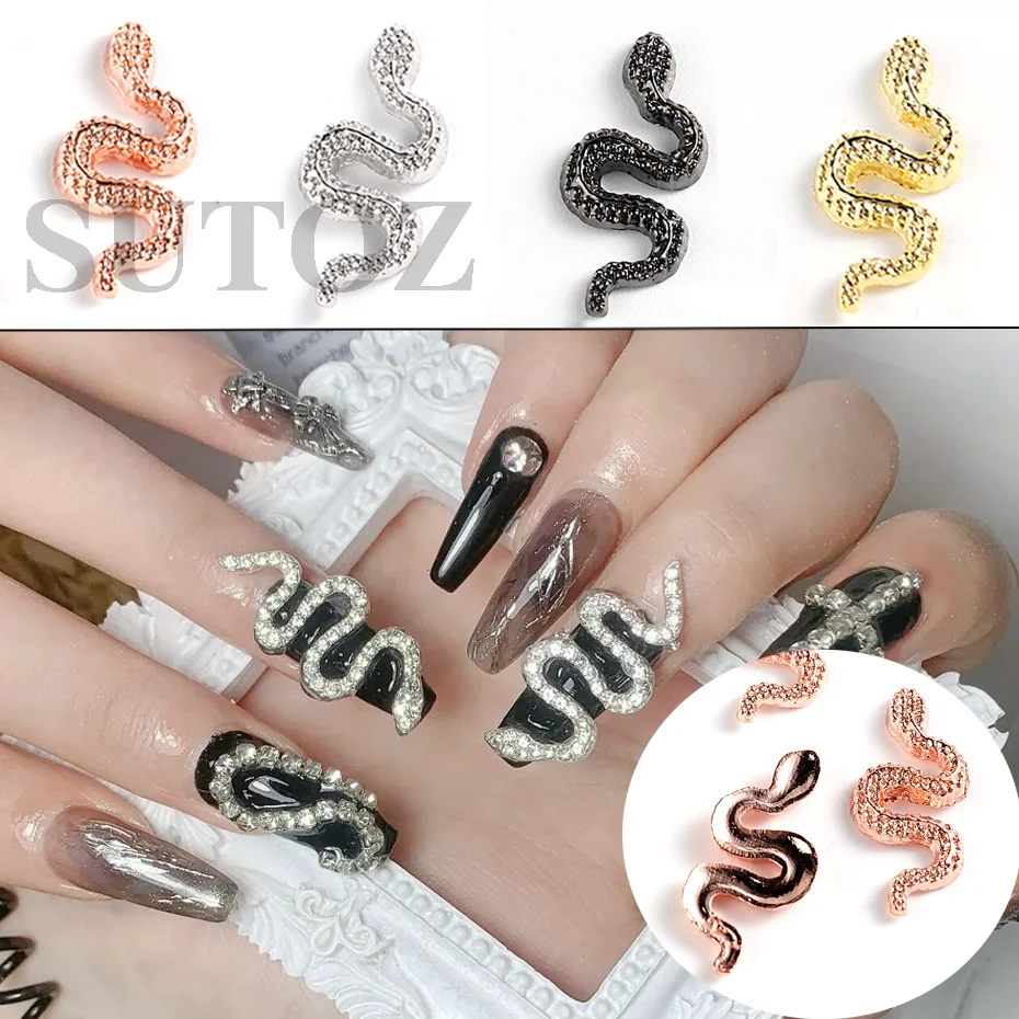 Rose Golden Snake Shining Nail Charms 3D Punk Metal Alloy Jewelry Nail Art Glitter Luxury Animals Zircon Manicure Decoration S-A