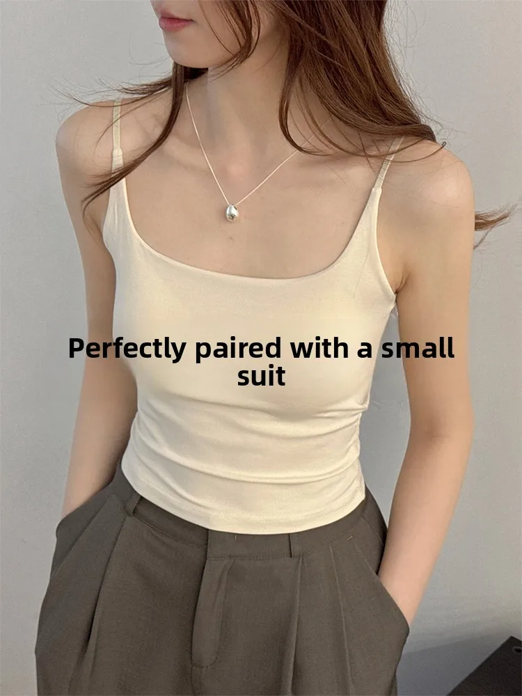 U-Neck Small Strap Vest Women's Inner Wear Outer Wear with Chest Pad Sexy Back One-Piece Base Shirt Versatile Breathable Elas...