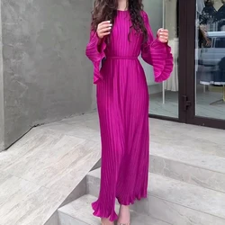 2024 New Women's O Neck Pleated Party Dress Gentle Temperament Solid Color Flared Sleeve Dress Elegant Lace Up Slim Long Dresses