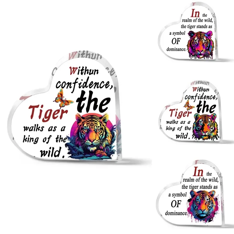 Cool Tiger Wild Animal Printed Acrylic Heart Plaque Holiday Gift for Family Lovers Friends Colleagues Bar Cafe Front Desk Decor