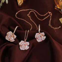 CWWZircons Geometric Flower Design Cubic Zircon Fashion Brand Women Rose Gold Color Earrings Necklace Pendant Jewelry Sets T0015