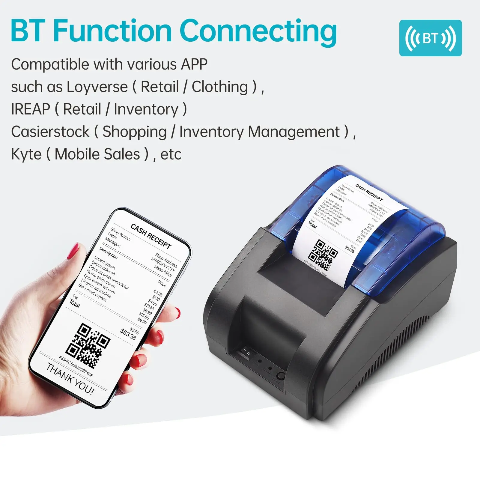 58mm Desktop Bluetooth Wireless Thermal Portable Printer Receipt Bill POS Compatible with Windows/Linux/Mac/Android/iOS Systems