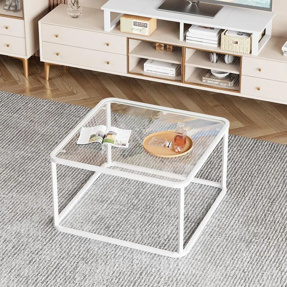 โต๊ะกาแฟกระจกสีขาวทันสมัย ดีไซน์สี่เหลี่ยมเรียบง่ายสำหรับห้องนั่งเล่นและสำนักงาน ขนาดกะทัดรัดพร้อมโครงโลหะ ใช้งานง่าย