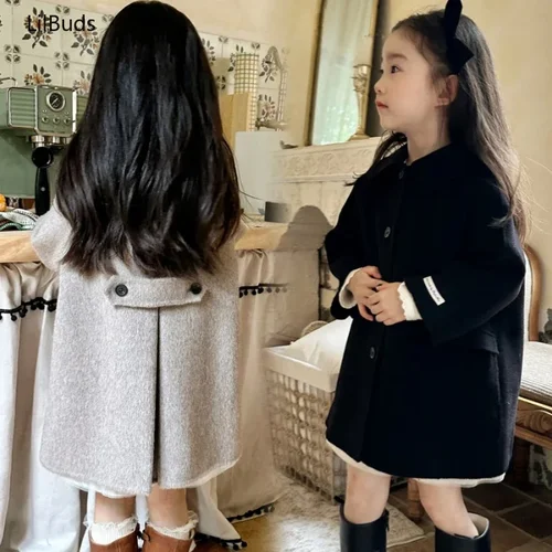 2024 어린이용 양모 양면 캐시미어 핸드메이드 아웃도어 코트, 한국 A라인 여아 아우터, 가을 겨울 의류 상의 