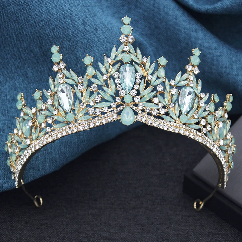 Opal Green Princess Crown Headwear Royal Queen Tiaras and Crowns Bridal Wedding Dress Crown Jewelry Head Accessories