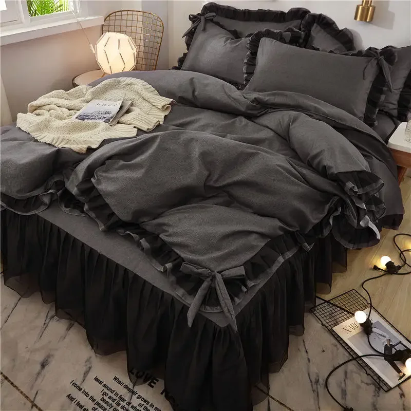 Garden Hot Style Black Lace Four-piece Princess Wind Bed Skirt 1.5/1.8m Bed  Bedding Set Bed Comforter Set Home