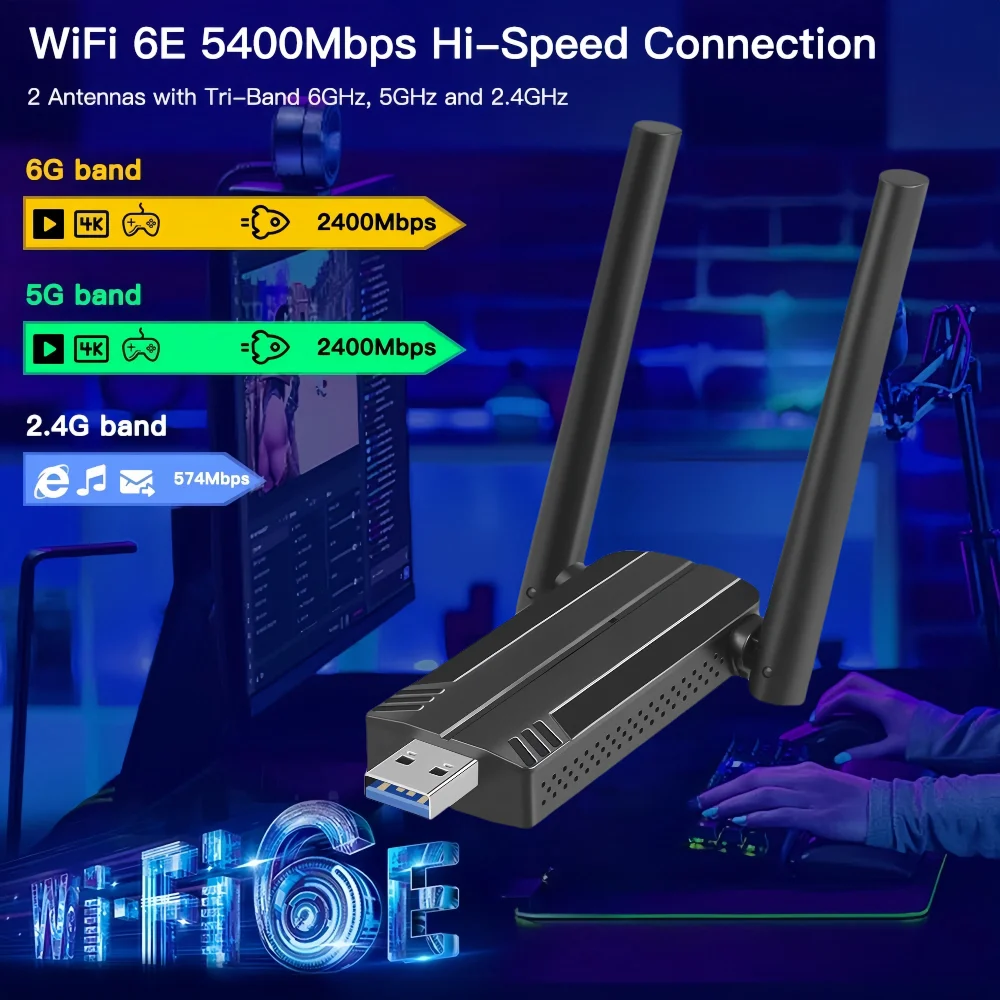 AX5400 어댑터 Wifi 6E USB 3.0 네트워크 카드 트라이 밴드 5Ghz/2.4G/6G Antena 무선 어댑터 Win10/11 용 WiFi 이더넷 수신기