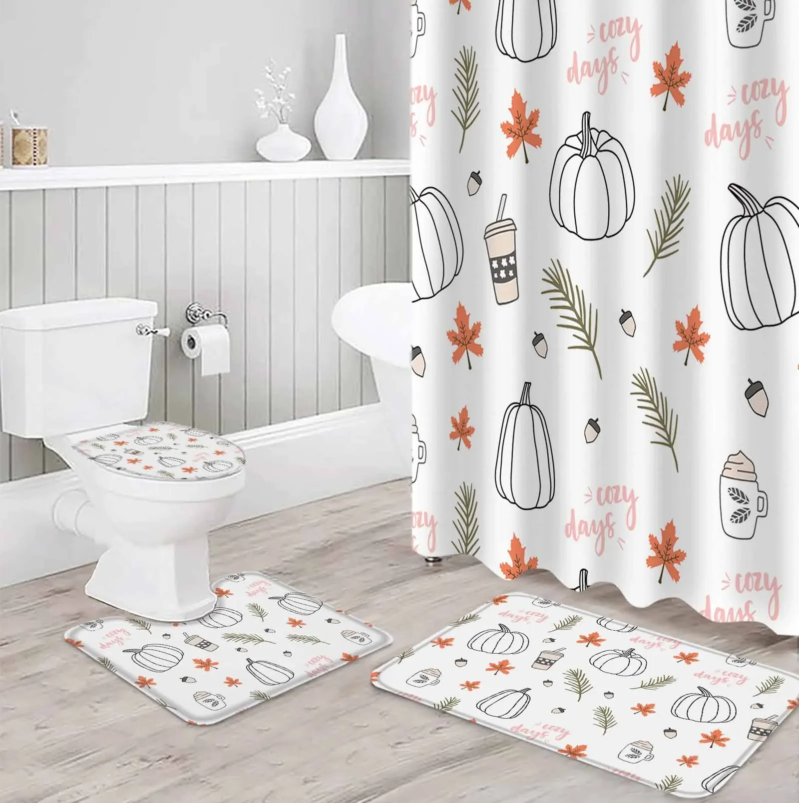 Pumpkin Maple Leaf CoffeePolyester Printed Shower Curtain Bathroom Set Luxury Curtain Abstract 4-piece Set Coral Velvet Foot Mat