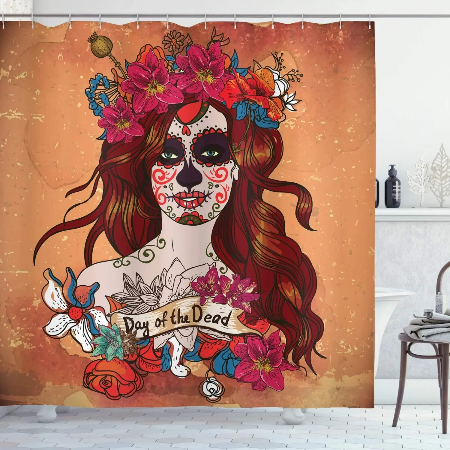 Day of The Dead Shower Curtain, Dia de Los Muertos Spanish Culture Mexican Skull Art