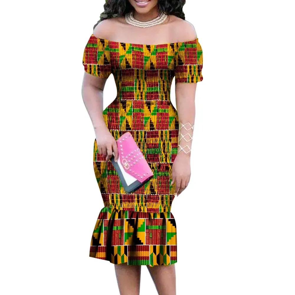 

Stretch Elastic African Off Shoulder Dresses for Women Dashiki Print Dress Vestidos Women Wedding Party African Clothing wy10212