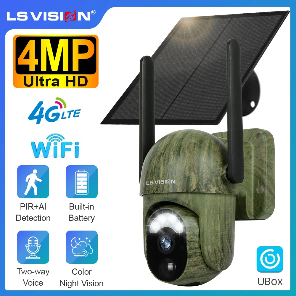 

LS VISION 4G Солнечная наружная камера наблюдения 4MP 2K Wi-Fi Обнаружение человека/животных Цветная водонепроницаемая камера ночного видения для дикой природы